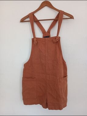 Miou Muse Linen Cotton Blend Rust Tie-Strap Short Overalls